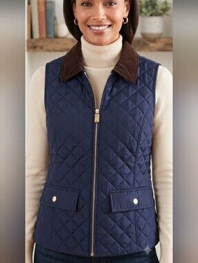 Jones New York Signature Quilted Navy Blue Vest with Corduroy Collar-Size Small